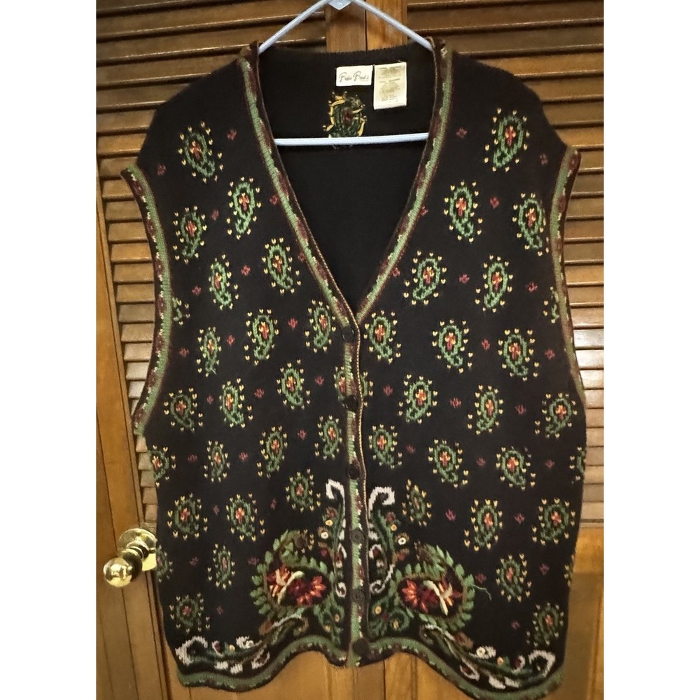Bobbie Brooks Women Plus 26W/28W Black Knit Vest Paisley Embroidery Ramie Cotton